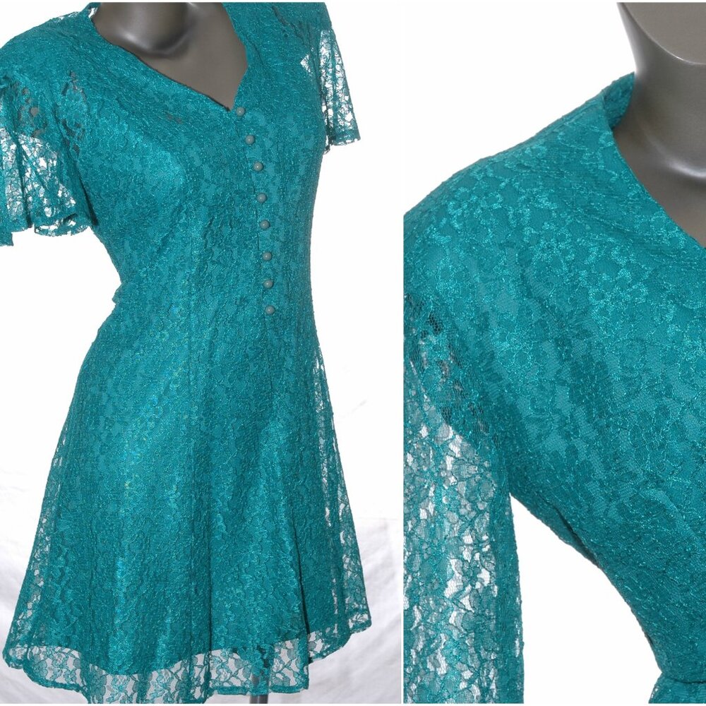 Lace DRESS & BOLERO 2 Pc. Set Vittoria Virini Teal Aqua Green Floral Vtg 80s-90s